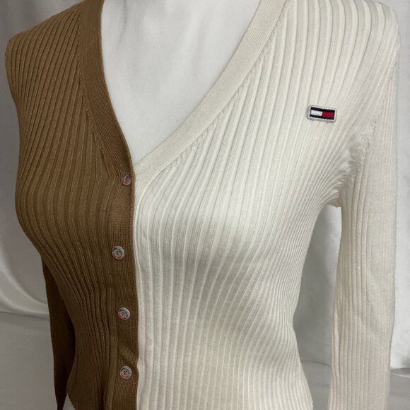 Tommy Hilfiger Womens Two-Tone Ribbed Knit Button-Up Cardigan Tan/White size S - Picture 3 of 9